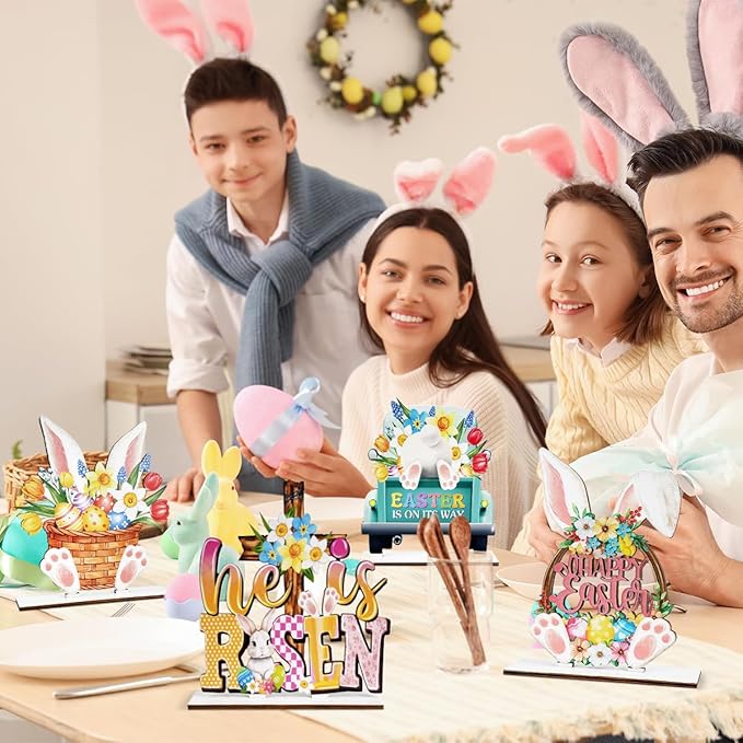Easter Decor- 4pcs Wooden Easter Bunny Table Centerpieces for Tabletop Rustic Bunny Wood Table Sign with Eggs and Flower Ornament, Farmhouse Rabbit Decorations for home, Office, and Party Suppliers