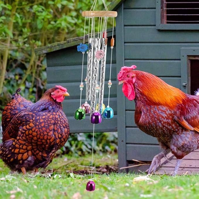 2 Pack Chicken Wind Chimes for Outside Chicken Toys for Coop, Chicken Wind Chime Enrichment Toys, Hanging Chick Peck Toy with Colorful Bells