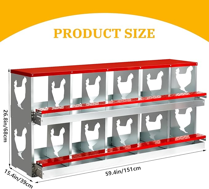 Chicken Nesting Box for Laying Eggs,Wall-Mountable Chicken Coop Nesting Boxes,10 Hole Roll Away Nesting Boxes,with Large Vented Holes,for Chickens,Ducks,Large Egg Laying Boxes (Red 10 Hole)