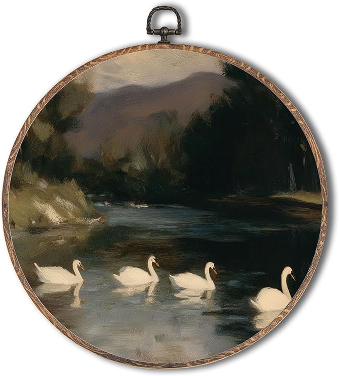 Yorhifa Vintage Moody Swan Framed Wall Art, Dark Academia White Swan Round Wall Art, Retro Elegant Animal Round Walls Decor, Rustic Circle Canvas Artwork Hanging Decor, 10x10in