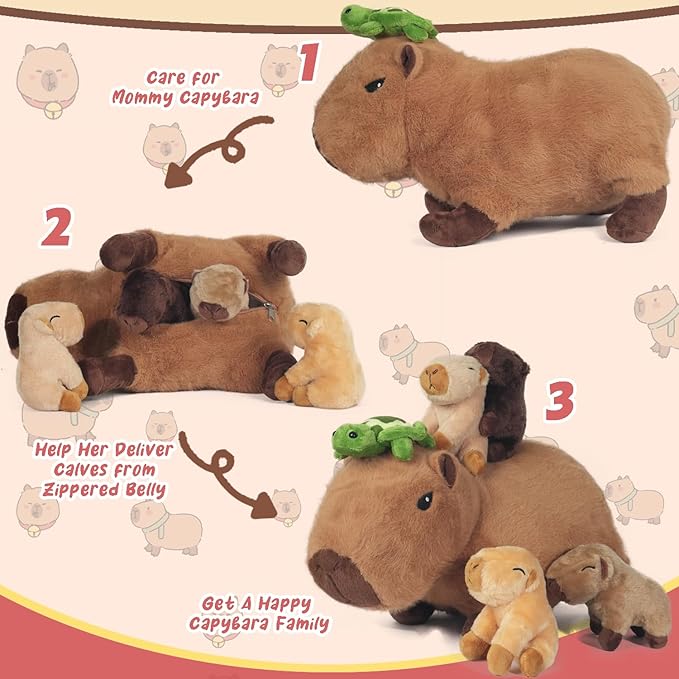5 in 1 Capybara Plush Large Capybara Stuffed Animal with Babies, 14.2" Mommy Stuffed Capybara Plushies Pillow with 4 Baby Capibaras Peluches Capybara Toys for Kids Birthday Easter Stuffers Gifts
