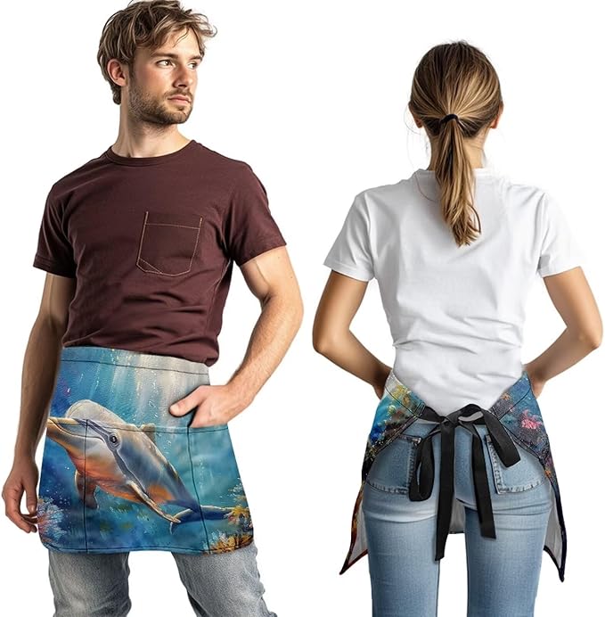 Waist Apron with 3 Pockets Waterproof 13 Inch Short Half Waist Aprons Women Men Server Aprons Waitress Waiter Apron