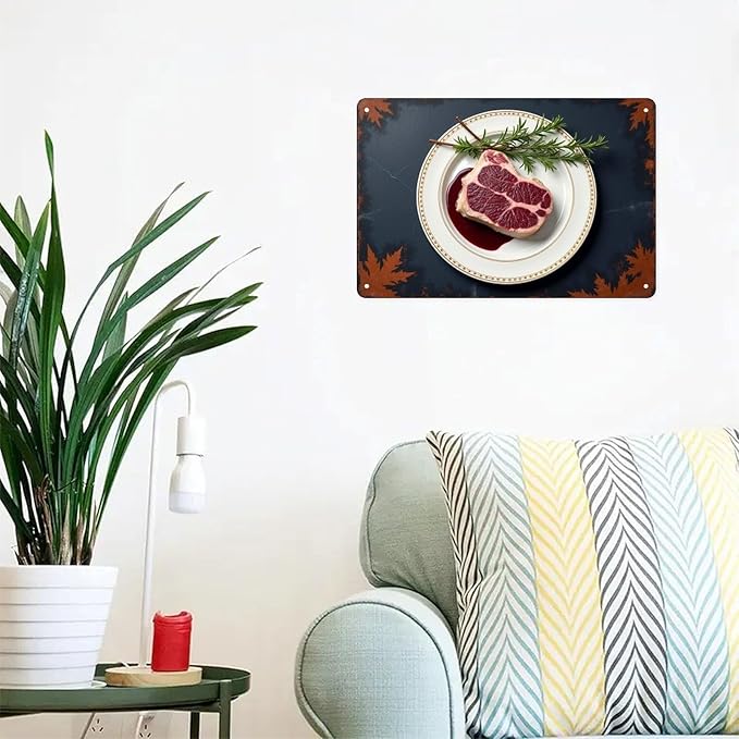 Delicious Steak with Rosemary Tin Sign Vintage Food Metal Sign Print Aesthetic for Garden Yard Bar Porch Home Bedroom Kitchen Wall Decor Gift 8 X 12 in