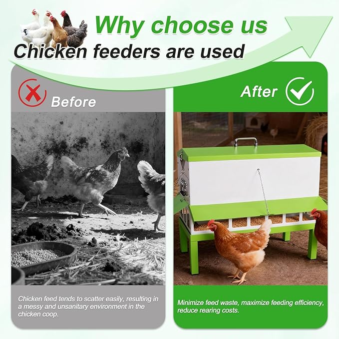 Metal Chicken Feeder 80lbs No Waste Automatic Chicken Feeder Galvanized Large Capacity Poultry Equipment with Latch and Handle Weatherproof Rat Proof for Chickens and Other Birds Outdoor Coop