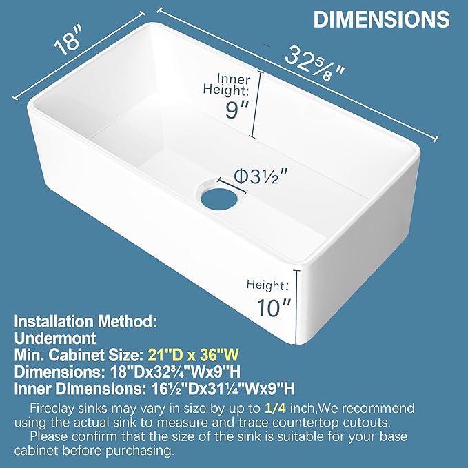 White Farmhouse Sink 33 x 18 Inch, Large Firecaly Apron Front Undermount Farm Sink Heavy Duty Single Bowl, with Custom Accessories 2 Types, Pure White, for Kitchen