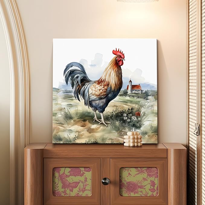 Framed Chicken Wall Art 16x16 Inch Rooster on Flower Stand Canvas Print Farmhouse Country Style Artwork for Kitchen Living Room Rustic Home Wall Decor (Rooster and farmhouse, 20L×20W)