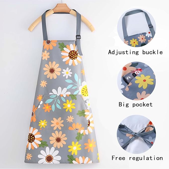 Floral Aprons with Pocket Blooming Women Waterproof Apron Adjustable Neck Long Ties Women Men Cook Baking Garden