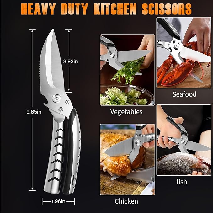 Heavy Duty Poultry Shears，Kitchen scissors heavy duty with Serrated Edge,Chicken shears,Meat scissors heavy duty ，For Cutting Bone, Turkey, Fish ，Seafood，Dishwasher Safe，silver