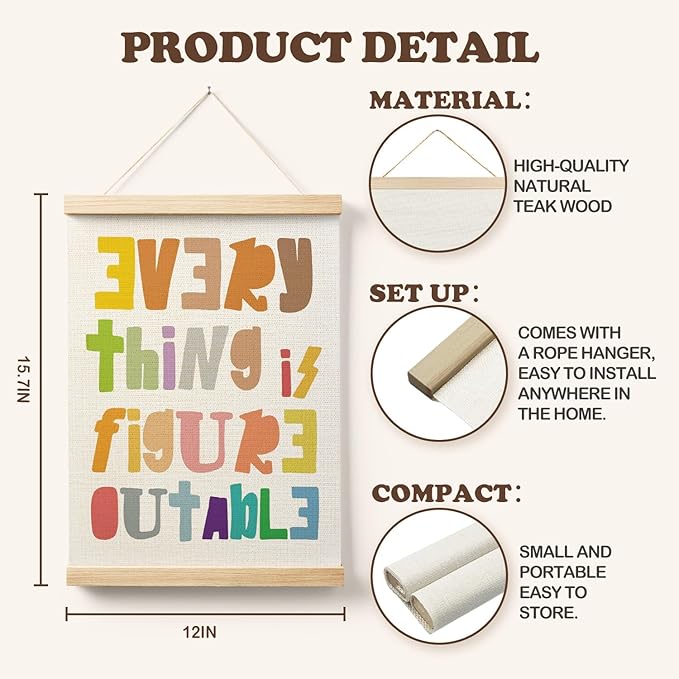 AQYIP Everything is Figureoutable Inspirational Wall Art Decor, Boho Classroom Decor, Positive Affirmations Poster Canvas Prints for Kids Room Home Classroom Wall Decoration, 12x16 Inch