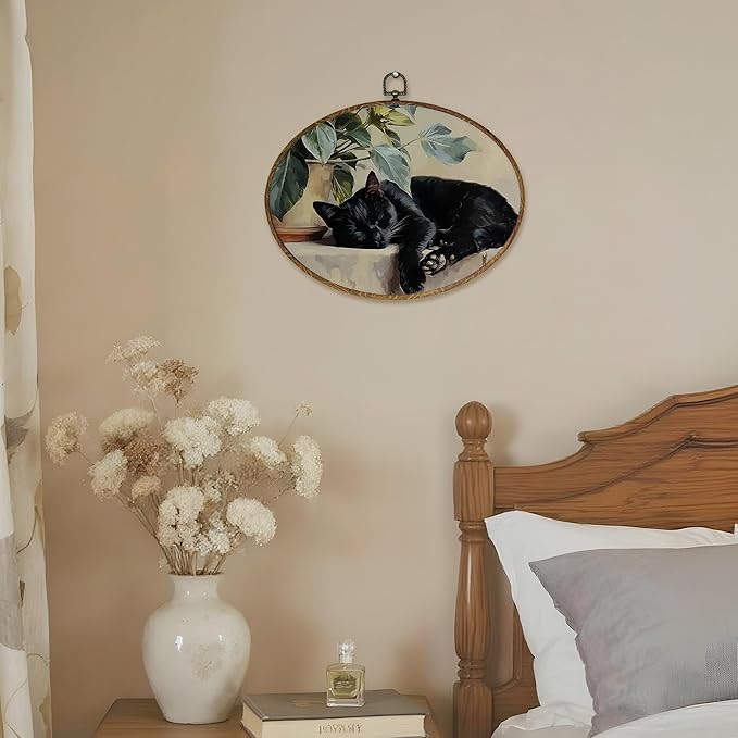 LKETW Vintage Black Cat Sleeping Oval Wall Art Decor, Black Cat Gifts for Women Oval Canvas Hanging Decor, Cottagecore Farmhouse Kitty Wall Decorations for Home Bedroom Living Room, 8.6x11.4 Inch