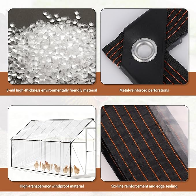 Waterproof Chicken Coop Cover for Winter, 300x200cm/6.6x10in Tear-Proof & Windproof Run Sidewalls Insulation with Rope & Cable Tie Wrap Tarp Winterizing Accessories for Outdoor Poultry Cage (Clear)
