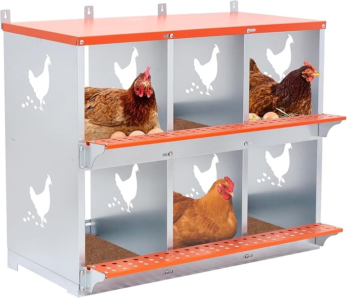 6 Bay Orange Metal Nesting Box, Wall Mount Chicken Nest for Hens & Ducks, Heavy Duty Galvanized Steel with Hen-Shaped Vents & Coconut Fiber Pad, Easy Assembly (Orange/Silver)