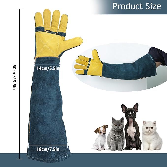 Animal Handling Gloves Bite Resistant, 23.6'' Anti Scratch Gloves for Cats, Bite Proof Leather Pet Glove for Grabbing Cat Reptile Puppy Bird Poultry or Gardening Welding (Reinforced Palm)