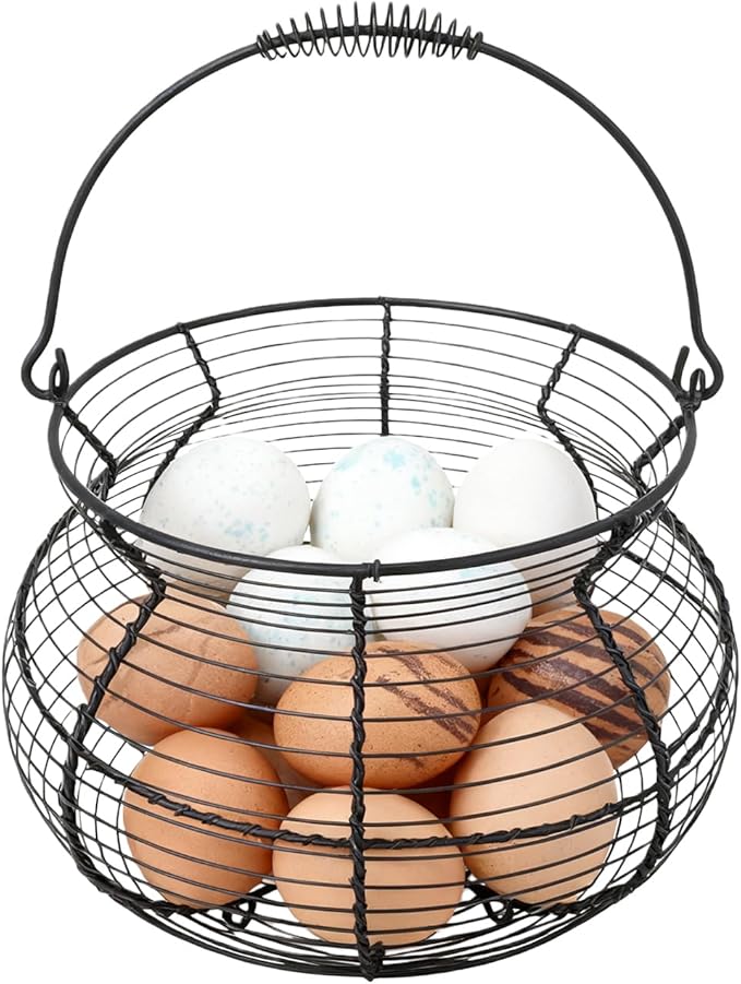 Wire Egg Gathering Basket - Farmhouse Metal Storage Holder, Vintage Chicken Coop Carrier with Wooden Handle Grip | Fresh Eggs Gatheringg Baskett for Kitchen Pantry Decor