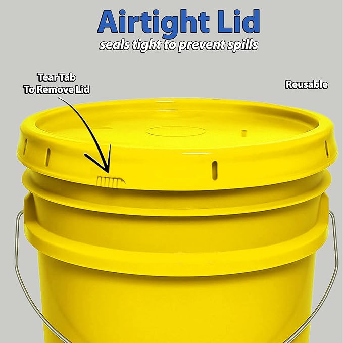 5-Gallon Bucket with Airtight Lid – Made in USA, Food Grade BPA Free Plastic, Heavy Duty Multi-Use, Metal Handle with Grip, Stackable Storage – Yellow, 1 Pack