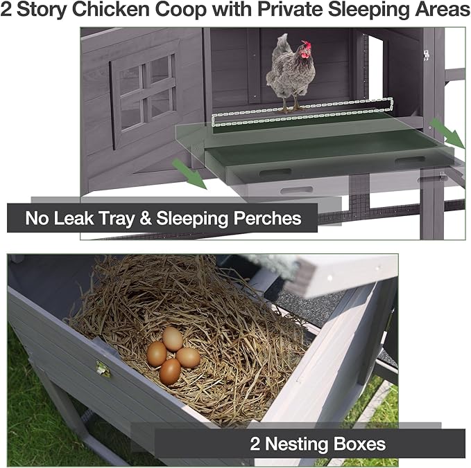 Mobile Chicken Coop with Wheels, Outdoor Hen House with Leak-Proof Tray, UV-Resistant Roof & Nesting Box for Chickens, Ducks, Rabbits (Grey)