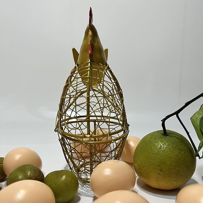 Wire Chicken Egg Basket for Desktop Decorative Ornaments,Egg Holder Chicken Shape Metal Egg Basket for Kids Gathering Fresh Eggs Farmhouse Rooster Wire Basket for Kitchen Countertop Decoration (Gold)