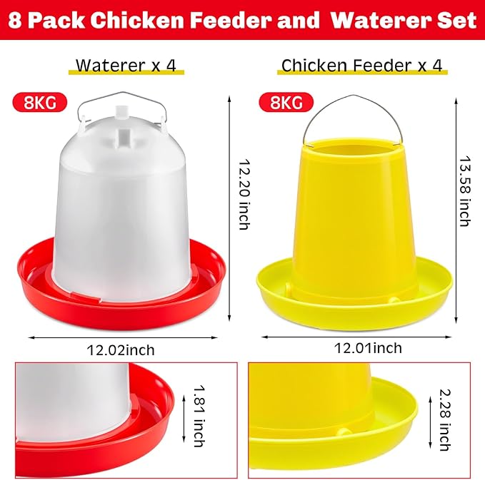 Shellwei 8 Pack 17.6 lb Hanging Chicken Feeders and Waterers Set Large Automatic Plastic Poultry Feed Dispensers for Ducks Geese Turkeys