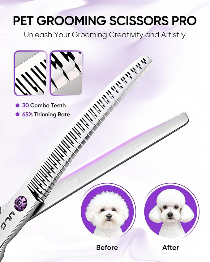 ULG 7.5” Dog Grooming Chunker Shears – 30° Curved Pet Grooming Scissors, Japanese 440C Stainless Steel, 30 Comb & Chunker Teeth, 60% Thinning Rate, Reversible Butterfly Handles for Face, Nose & Body