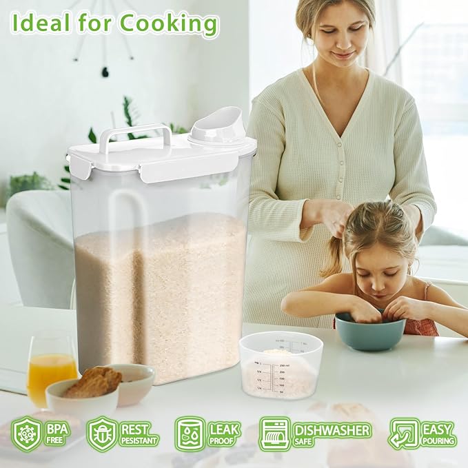 Rice Storage Container, 10 to 20lb Dry Food Airtight Dispenser, Pet Dog Cat Food Canister, BPA Free Clear Plastic Kitchen and Pantry Organization Bin for Oatmeal, Cereal, Pasta, Flour White