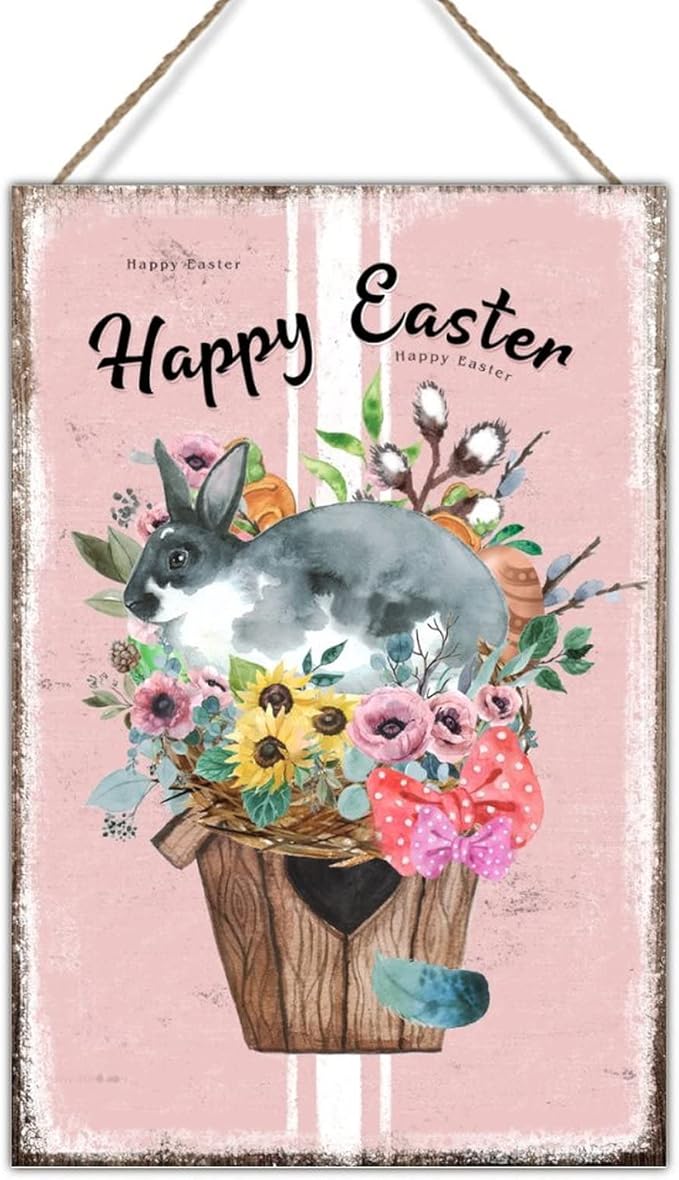 Happy Easter Flower Basket Bunny Wall Decor Wood Sign French Style Floral Pink Stripes Wood Plaque Hello Spring Happy Easter Day Wood Wall Art Signs for Kitchen 12x18in