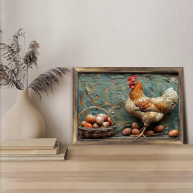 Rustic Long Wooden Framed Art Rustic Hen Eggs Basket Texture Farmhouse Style Wall Decor Sign for Tabletop Or Hanging - Durable Handcrafted Wood Print - Home & Office Decoration