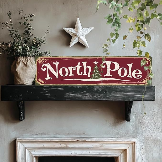 Rustic North Pole Metal Sign, 16x4 Inch - Christmas Tree Art Decorative Sign for Bathroom, Bedroom, Cafe, Bar, Balcony, Distressed Finish Plaque Wall Art Decor, Christmas Room Decor