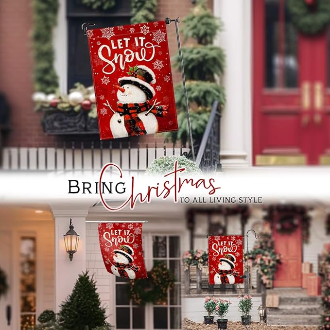Christmas Welcome Flag - Snowman Let It Snow Winter Flags 12x18 - Outdoor Garden, Porch, Home Décor - Red Color Merry Xmas Yard Decoration