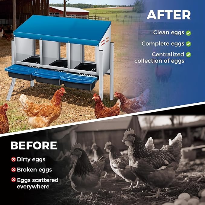  Chicken Nesting Box with Cleanable Pull Out Trays, 3 Hole Roll Away Nesting Box for Laying Hens, Wall Mount or Placed Design for Easy Egg Collection ﻿