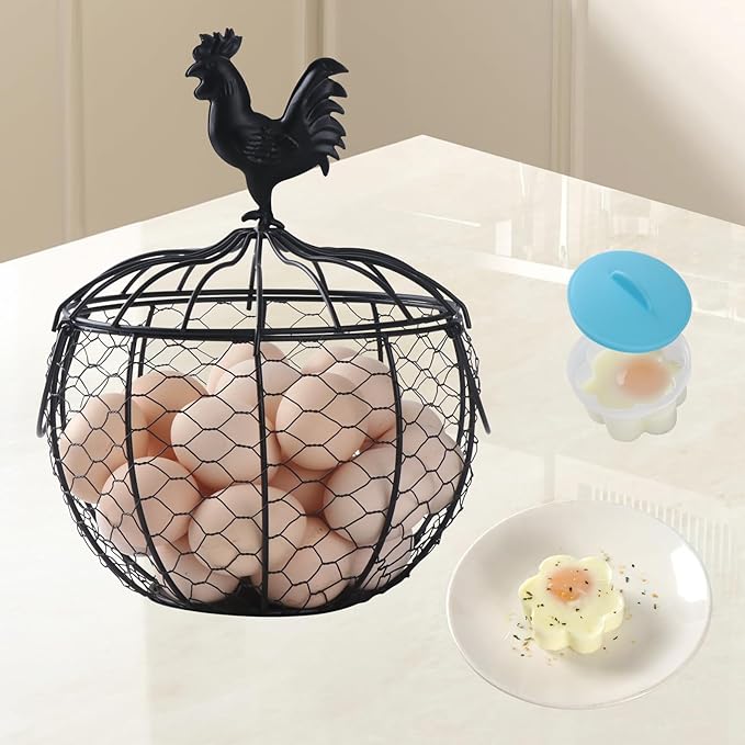 Farmhouse Rooster Egg Basket for Fresh Eggs, Black Metal Wire Egg Holder, Holds 25-35 Eggs, Rustic Kitchen Countertop Decor with Removable Lid & Handles - Bonus Set of 4 Silicone Egg Poachers