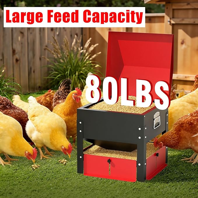 100lbs Automatic Chicken Feeder, Galvanized Steel, Weatherproof & Secure-Lid Large Capacity Poultry Feeder for Outdoor Use, No Waste Feeding Box for Chickes, Ducks