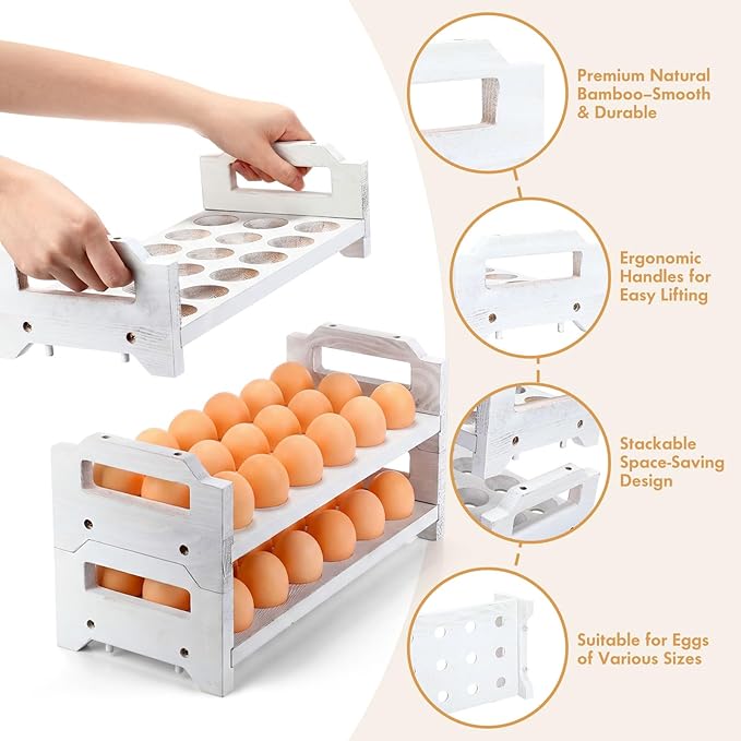 4 Tier Wooden Egg Holder for Countertop, Stackable Fresh Egg Storage Farmhouse Collecting Rack for Gathering Kitchen Organizer Duck Eggs Display, Stackable with 72 Eggs (White,Pine)