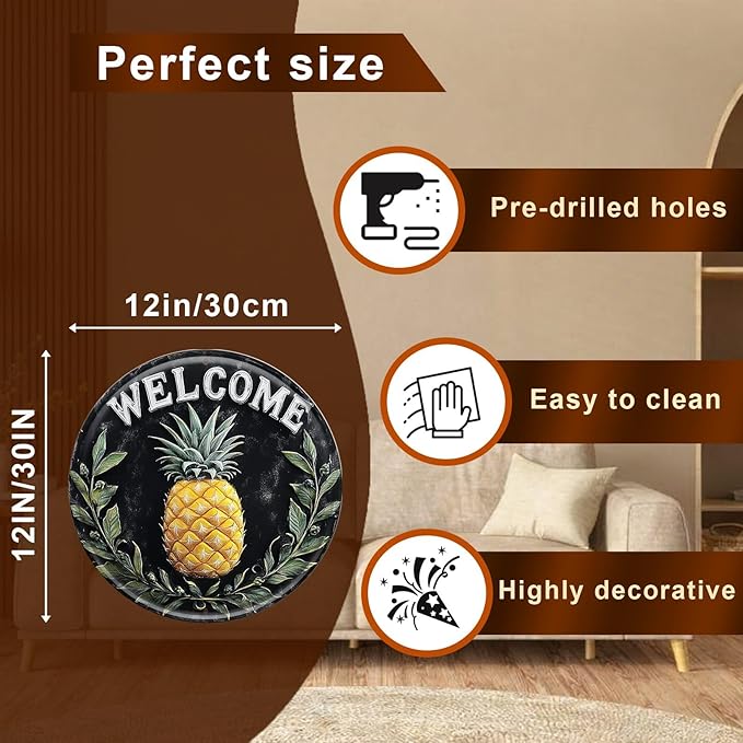Welcome Pineapple Round Metal Tin Sign Wreath Vintage Farmhouse Wall Decor for Home Living Room Kitchen Dining Bedroom 12x12inch