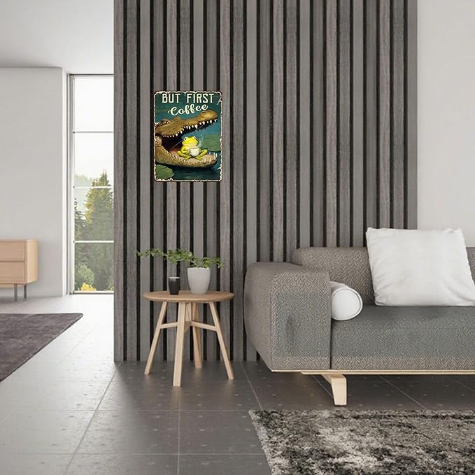 EVRISIGN Vintage Coffee Tin Sign But First Coffee Retro Frog Metal Poster Wall Decor Funny Nostalgic Rustic Metal Sign For Home Office Cafe Kitchen Bar Man cave Bedroom Living Room 16 * 12In