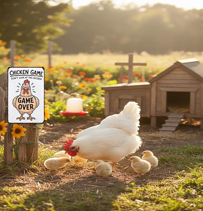 Funny Chicken Game Don't Look At The Chicken Vintage Tin Sign for Home Farm Chicken-Coop Kitchen Garden Yard Decor 8X12 Inch (3937)