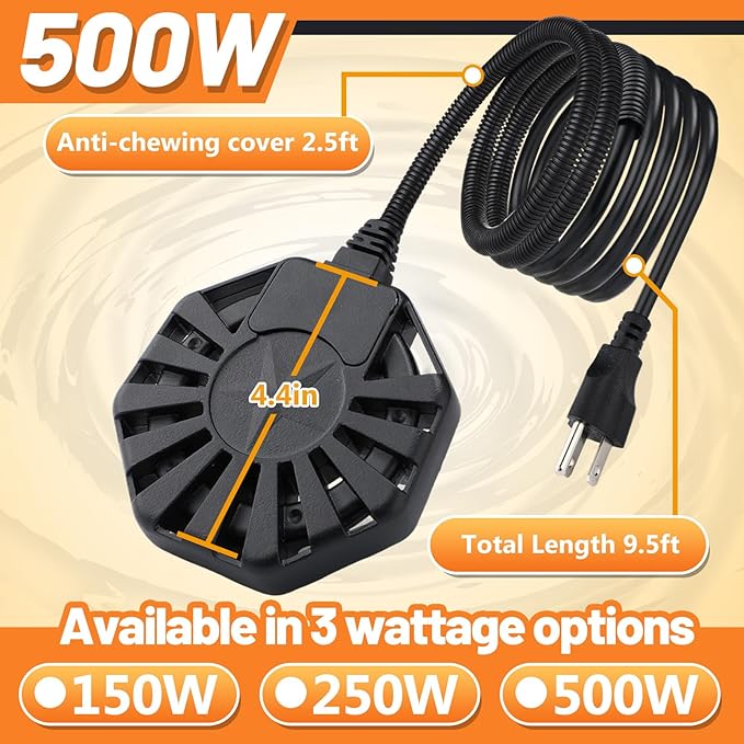 Biubee 500W Livestock Water Heater - Thermostatic Control Farm De-icer for 50 Gallon Horse Water Trough Tank, Aluminum PTFE Submersible Winter Outdoor Chicken Water Heater for Bird Bath