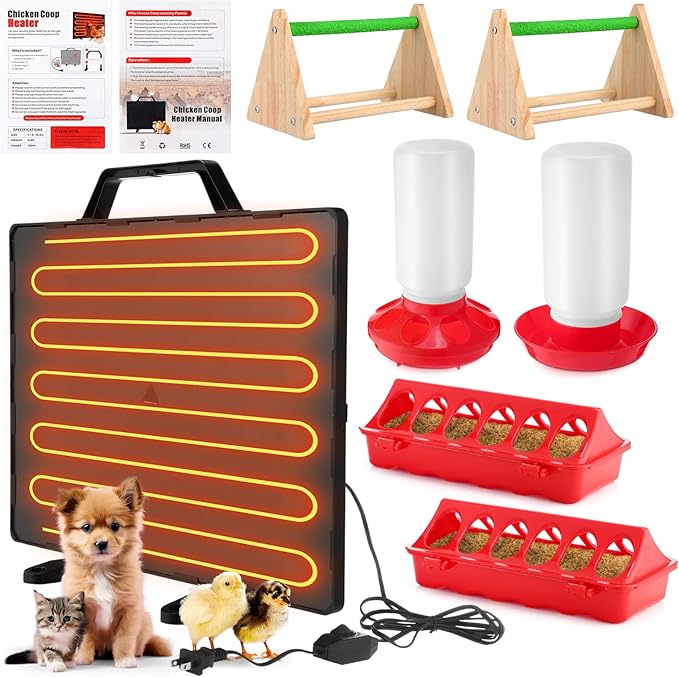VIHOSE Chicken Coop Heater Chick Starter Kit Include 160w Adjustable Radiant Heat Panel 0.8 Gal Chicken Waterer and 2.9 Lbs Feeder and Chick Perch Flip Top Poultry Feeder
