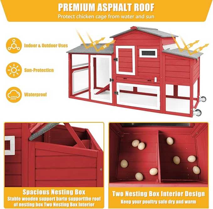 PetsCosset 136" Chicken Coop with Wheels, Backyard Wooden Hen House Outdoor for 1-6 Chickens, 2 Story Poultry Cage Chicken Coop and Run, Nesting Box, Pull Out Trays, Set of Two, (Red)