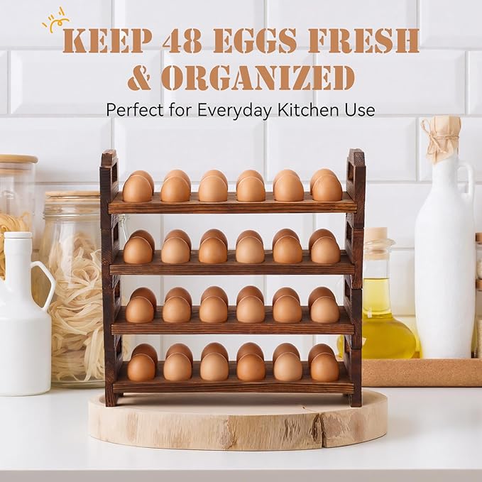 LemonRoad 4 Tier Wooden Egg Holder for Countertop, Pine Stackable Fresh Egg Storage Farmhouse Collecting Rack for Gathering Kitchen Organizer Duck Eggs Display, Stackable with 48 Eggs