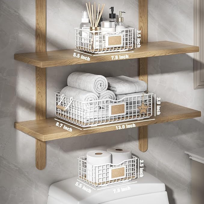 Bathroom Organizers and Storage, 3 Pack Storage Baskets for Shelves, Multipurpose Bins Organizer with Wooden Handles, Decorative Organizer Baskets Set for Bathroom, Laundry, Living Room - White