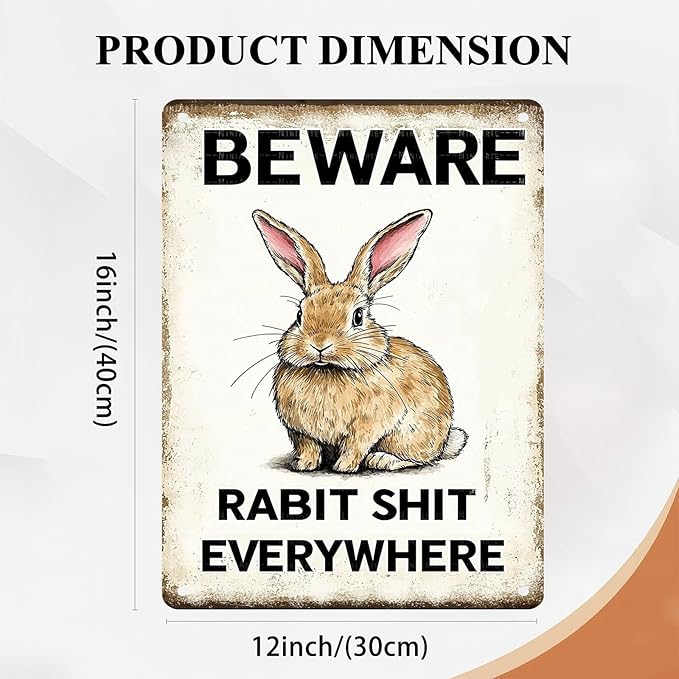 Easter bunny Tin Sign Retro Fun Metal Sign BEWARE RABBIT SHIT EVERYWHERE for Home Living Room Garden Yard Outdoor Wall 12X16Inch
