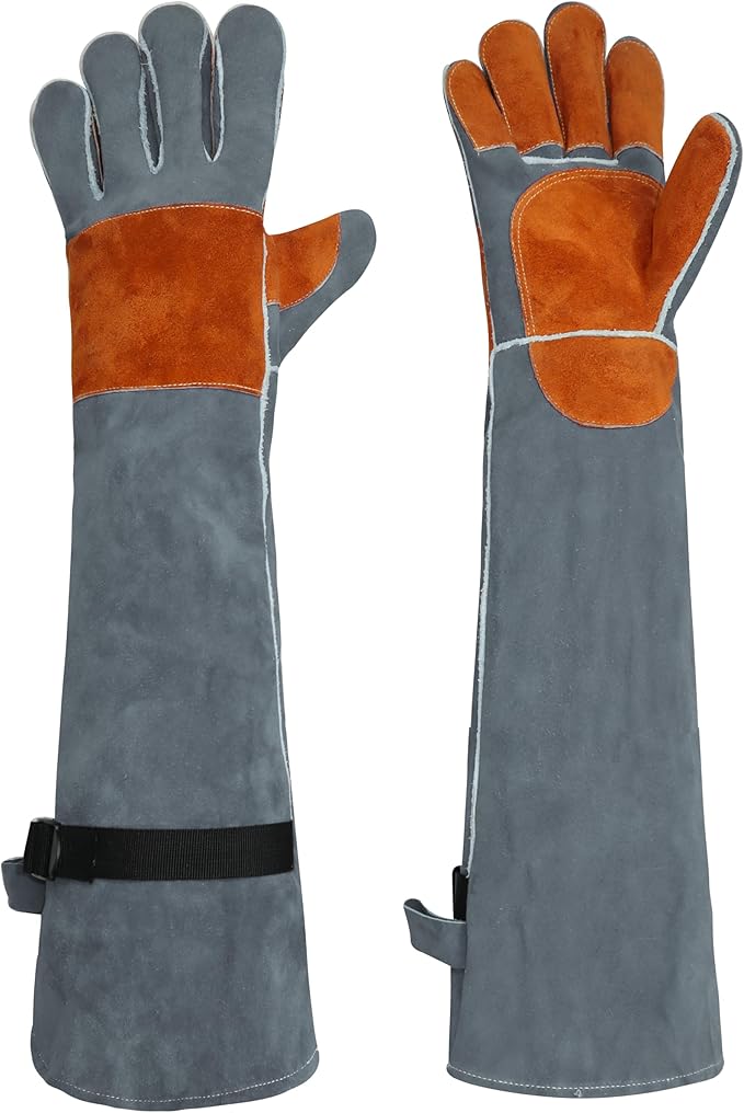 Leather Welding Sleeves,Work Gloves with Palm Reinforcements,Bite Proof for Animal Handling