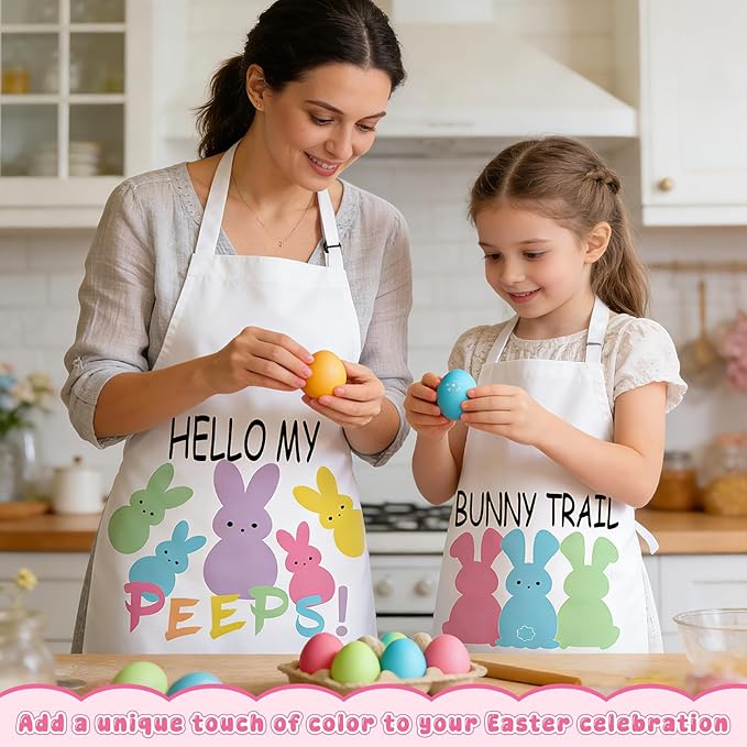 Easter Aprons Set of 4, Colorful Bunny & Easter Eggs Design - Kitchen Aprons for Adults & Kids, Easter Decorations for Home Indoor, Egg Collecting Apron, Bunny Gift & Festive Table Decor
