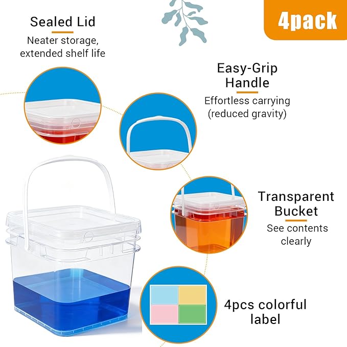 Bucket with Lid - 4 Packs Square Clear Plastic Storage Containers, Food Safe with Handle, Airtight Pressure Lids for Kitchen & Home(Clear, 68 oz)