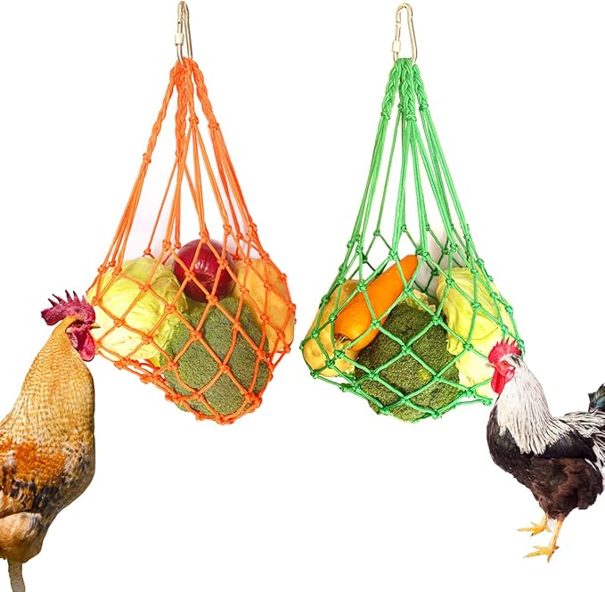 Chicken Vegetable String Bag Poultry Fruit Holder Chicken Cabbage Feeder Treat Feeding Tool with Hook for Hens Chicken Coop Toy for Hen Goose Duck