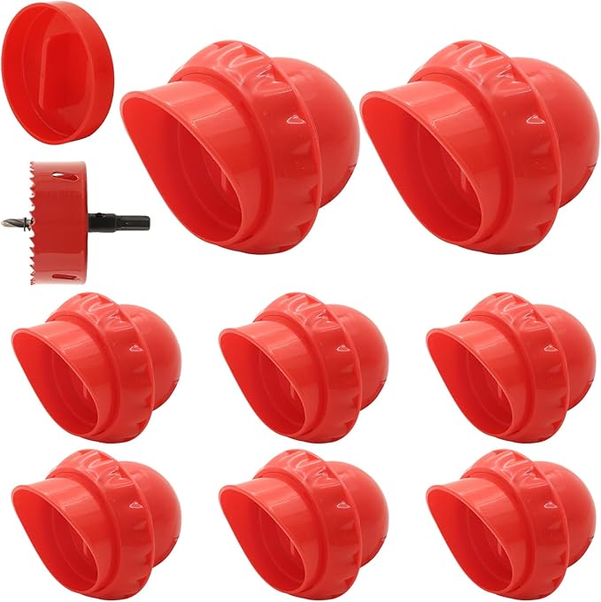 Chicken Feeders No Waste, DIY Automatic Poultry Feeder 8 Ports 1 Hole Saw with Covers Gravity Feed Kit for Buckets Barrels Bins Troughs (Red)