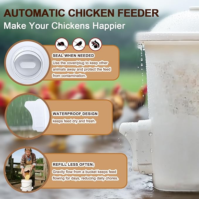 Chicken Feeder No Waste - 6 Pack Automatic Chicken Feeder with Lid and Hole Saw Rat & Rain Proof, Poultry Feeder for Buckets, Barrels, Bins, Boxes, Tanks