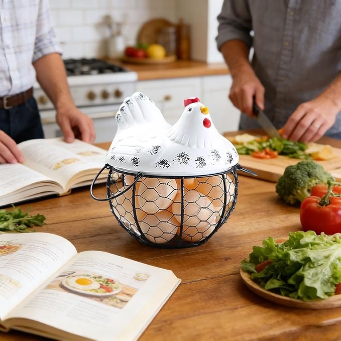 Egg Storage Organizer for Kitchen Countertop, Ceramic Chicken Lid with Wire Basket Dispenser, Black Chicken Egg Holder for Fresh Eggs, Rustics Egg Dispenser Rack for Farmhouse Decor (White)