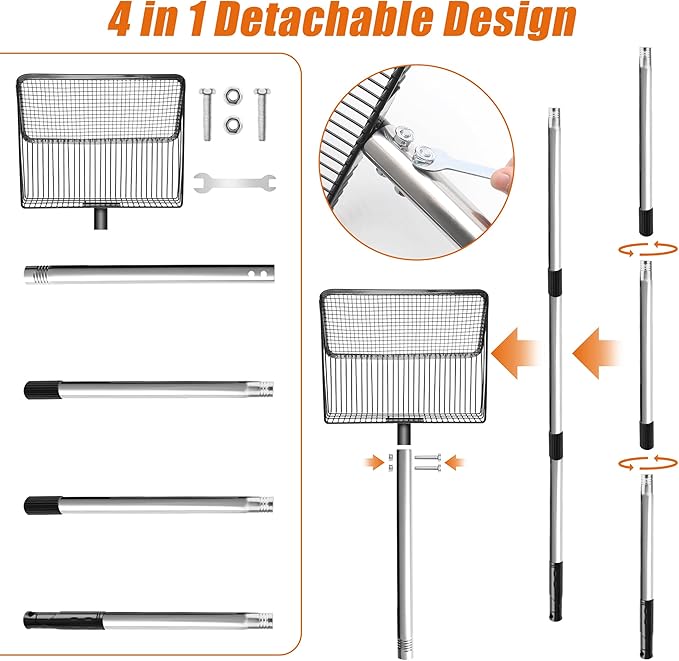 10 Inch Large Metal Chicken Poop Scooper with Adjustable 24–68 Inch Stainless Steel Handle, Heavy Duty Litter Sifting Shovel for Chicken Coop, Cat Litter, Yard, Farm Cleaning Tool