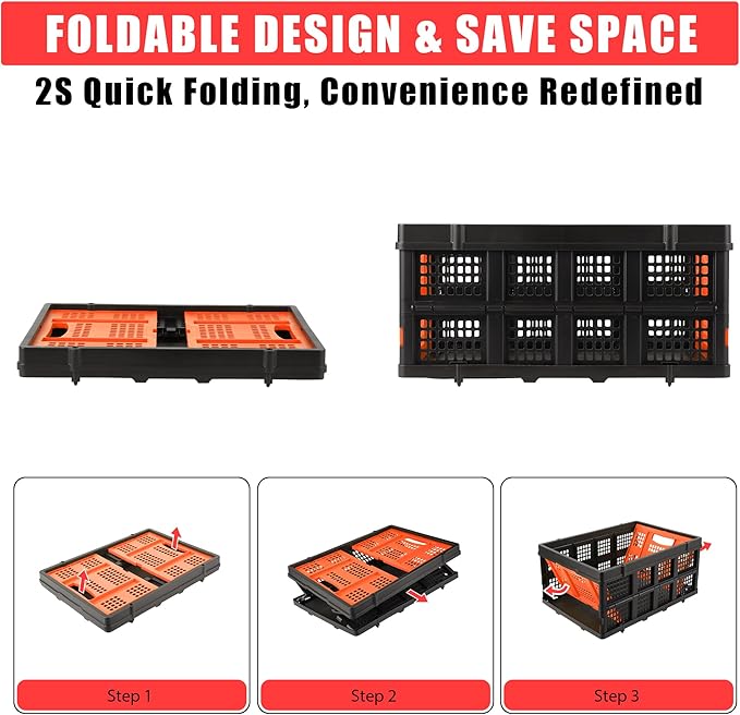14.5 Gallon Orange Collapsible Milk Crate, Heavy-Duty Plastic Storage Container with Handles, 55 LBS Load Capacity Stackable Folding Bin for Home Office Farm Garage Basement.